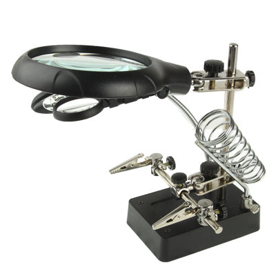 5 LED Auxiliary Clip Magnifier AC/DC Interchangeable with Soldering Stand & Two Magnifier, EU Plug(Silver) - free shipping - PMC TechLife - Order now!