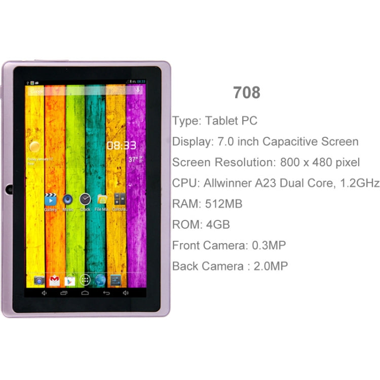 7.0 inch Tablet PC, 512MB+4GB, Android 4.2.2, 360 Degrees Menu Rotation, Allwinner A33 Quad-core, Bluetooth, WiFi(Purple) - 7.0-8.0 inch by PMC Jewellery | Online Shopping South Africa | PMC Jewellery