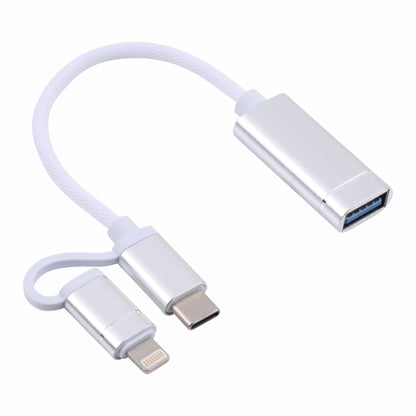 USB 3.0 Female to 8 Pin + USB-C / Type-C Male Charging + Transmission OTG Nylon Braided Adapter Cable, Cable Length: 11cm(Silver + White) - Converter & Adapter by PMC Jewellery | Online Shopping South Africa | PMC Jewellery