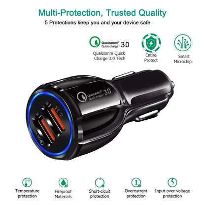 Qc3.0 Dual USB Car Charger + Micro USB Fast Charging Cable Car Charging Kit(Black) - Car Charger by PMC Jewellery | Online Shopping South Africa | PMC Jewellery