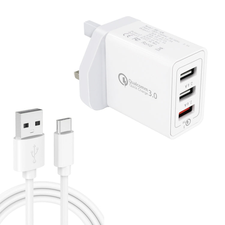 SDC-30W 2 in 1 USB to USB-C / Type-C Data Cable + 30W QC 3.0 USB + 2.4A Dual USB 2.0 Ports Mobile Phone Tablet PC Universal Quick Charger Travel Charger Set, UK Plug - USB Charger by PMC Jewellery | Online Shopping South Africa | PMC Jewellery