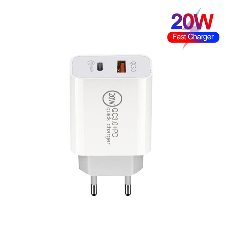 20W PD Type-C + QC 3.0 USB Interface Fast Charging Travel Charger with USB to 8 Pin Fast Charge Data Cable EU Plug - USB Charger by PMC TechLife | Online Shopping South Africa | PMC TechLife