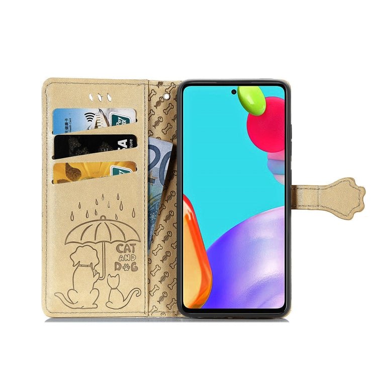 For Samsung Galaxy A52 5G/4G Cute Cat and Dog Embossed Horizontal Flip Leather Case with Holder & Card Slots & Wallet & Crossbody Lanyard & Card Cover(Gold) - Galaxy Phone Cases by PMC Jewellery | Online Shopping South Africa | PMC Jewellery