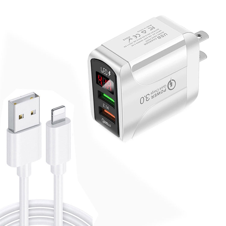 F002C QC3.0 USB + USB 2.0 LED Digital Display Fast Charger with USB to 8 Pin Data Cable, US Plug(White) - USB Charger by PMC TechLife | Online Shopping South Africa | PMC TechLife | Buy Now Pay Later Mobicred