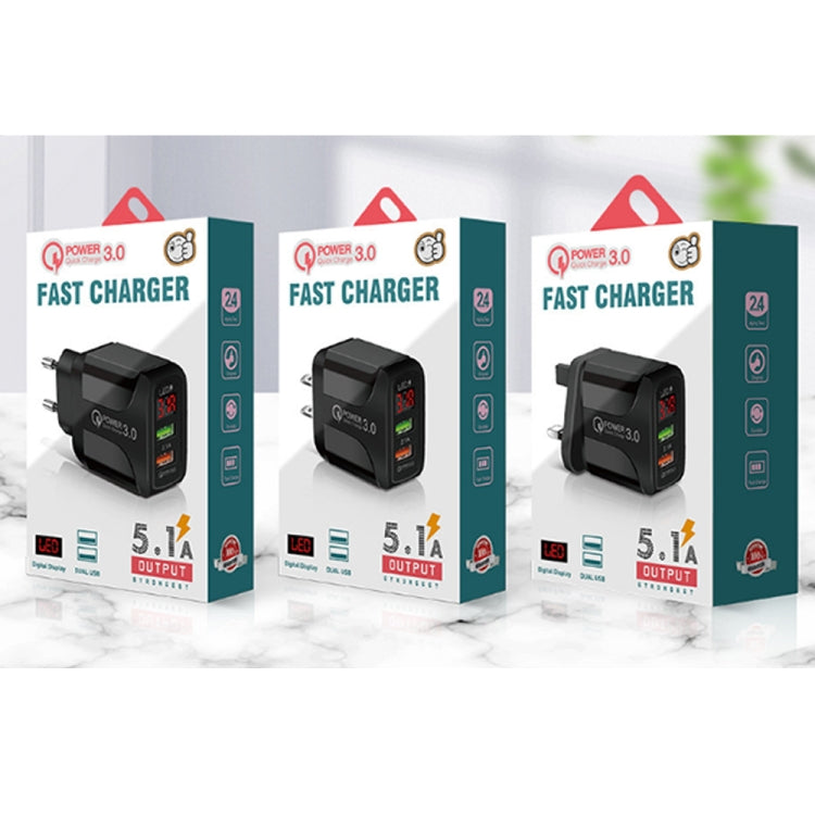 F002C QC3.0 USB + USB 2.0 LED Digital Display Fast Charger with USB to 8 Pin Data Cable, US Plug(White) - USB Charger by PMC TechLife | Online Shopping South Africa | PMC TechLife | Buy Now Pay Later Mobicred