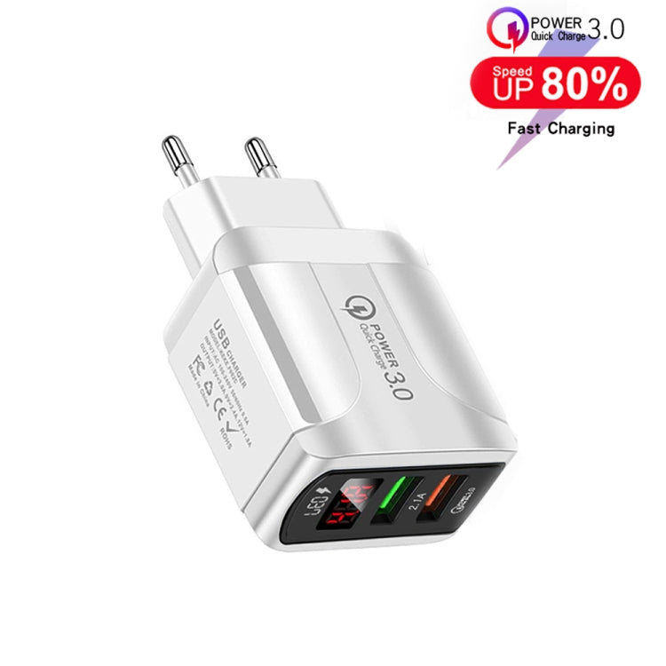 F002C QC3.0 USB + USB 2.0 LED Digital Display Fast Charger with USB to 8 Pin Data Cable, EU Plug(White) - USB Charger by PMC TechLife | Online Shopping South Africa | PMC TechLife | Buy Now Pay Later Mobicred