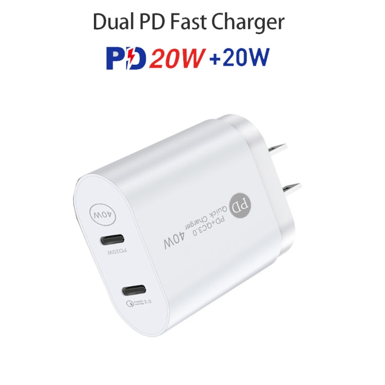 002 40W Dual Port PD / Type-C Fast Charger with USB-C to 8 Pin Data Cable, US Plug(White) - free shipping - PMC TechLife - Order now!