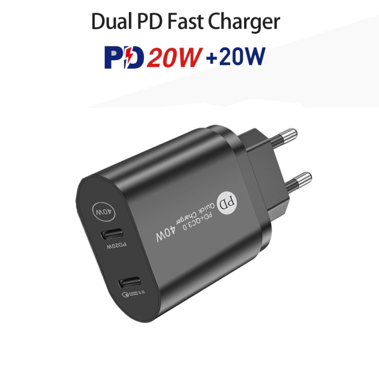 002 40W Dual Port PD / Type-C Fast Charger with USB-C to 8 Pin Data Cable, EU Plug(Black) - free shipping - PMC TechLife - Order now!
