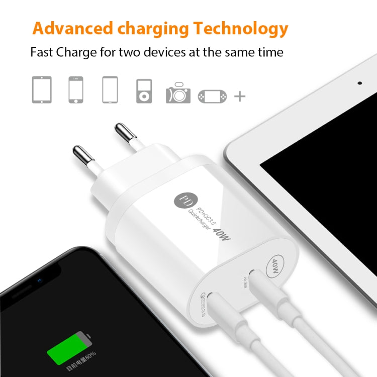 002 40W Dual Port PD / Type-C Fast Charger with USB-C to 8 Pin Data Cable, EU Plug(Black) - free shipping - PMC TechLife - Order now!
