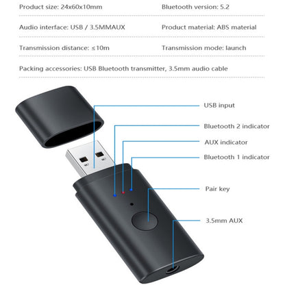 TX35 Bluetooth 5.2 Transmitter One Drag Two USB / AUX Dual Output - Audio Receiver Transmitter by PMC Jewellery | Online Shopping South Africa | PMC Jewellery