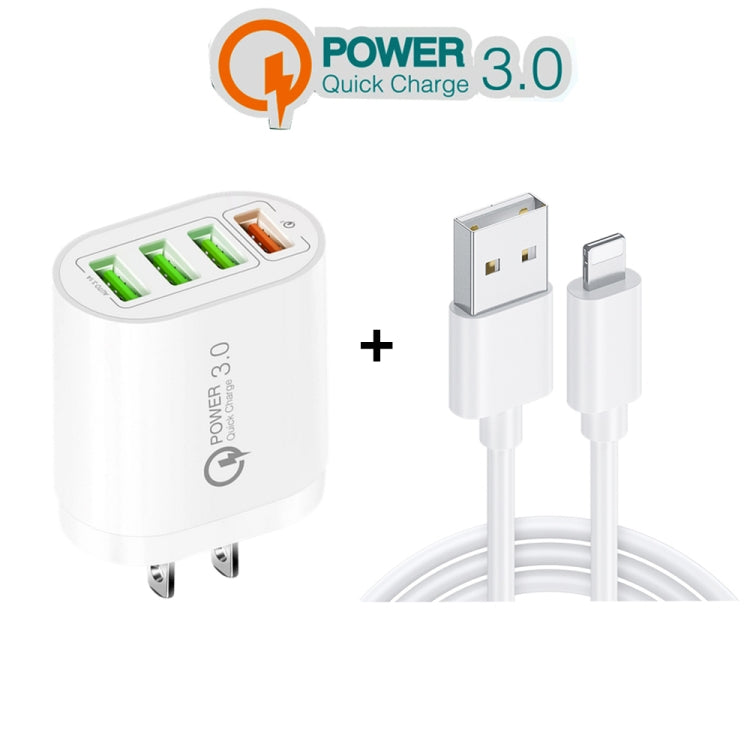 QC-04 QC3.0 + 3 x USB2.0 Multi-ports Charger with 3A USB to 8 Pin Data Cable,US Plug(White) - USB Charger by PMC TechLife | Online Shopping South Africa | PMC TechLife