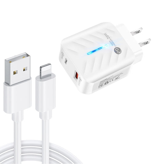 PD03 20W PD3.0 + QC3.0 USB Charger with USB to 8 Pin Data Cable, US Plug(White) - USB Charger by PMC Jewellery | Online Shopping South Africa | PMC Jewellery