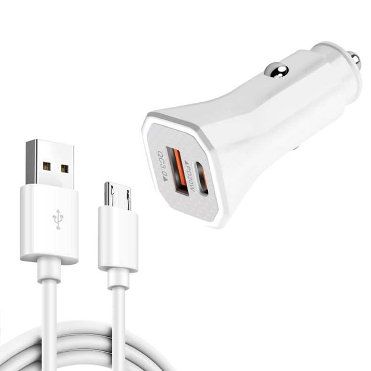 TE-P22 38W PD USB-C / Type-C + QC3. 0 USB Car Charger with 1m USB to Micro USB Data Cable(White) - Car Charger by PMC Jewellery | Online Shopping South Africa | PMC Jewellery