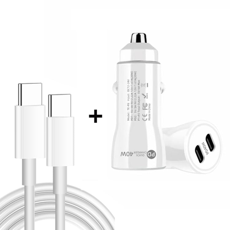 TE-P8 40W PD20W + PD20W Dual Port PD3.0 Car Charger with Type-c to Type-C Data Cable, Length: 1m(White) - Car Charger by PMC Jewellery | Online Shopping South Africa | PMC Jewellery