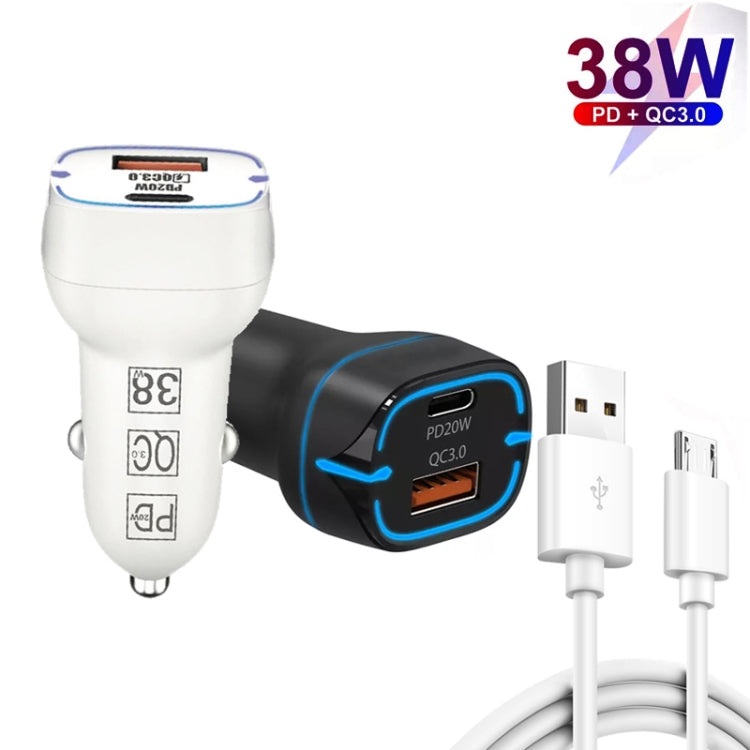 38W PD20W + QC3.0 USB Car Charger with USB to Micro USB Data Cable, Length: 1m(White) - Car Charger by PMC Jewellery | Online Shopping South Africa | PMC Jewellery