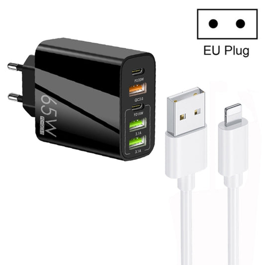 65W Dual PD Type-C + 3 x USB Multi Port Charger with 3A USB to 8 Pin Data Cable, EU Plug(Black) - USB Charger by PMC Jewellery | Online Shopping South Africa | PMC Jewellery | Buy Now Pay Later Mobicred