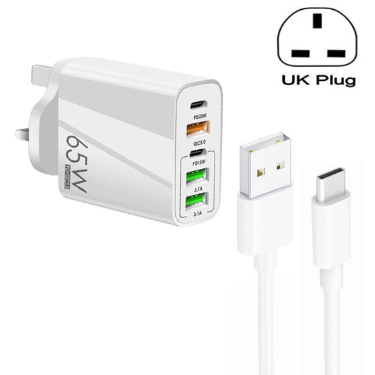 65W Dual PD Type-C + 3 x USB Multi Port Charger with 3A USB to Type-C Data Cable, UK Plug(White) - USB Charger by PMC Jewellery | Online Shopping South Africa | PMC Jewellery