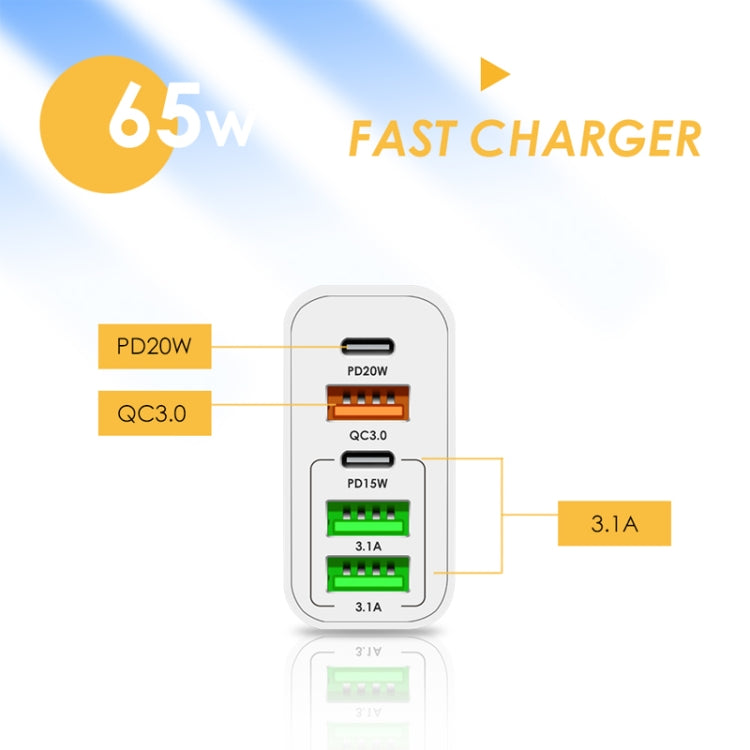 65W Dual PD Type-C + 3 x USB Multi Port Charger with 3A USB to Type-C Data Cable, UK Plug(White) - USB Charger by PMC TechLife | Online Shopping South Africa | PMC TechLife