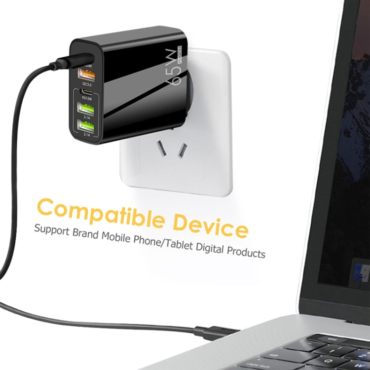 65W Dual PD Type-C + 3 x USB Multi Port Charger with 3A USB to Type-C Data Cable, UK Plug(White) - USB Charger by PMC TechLife | Online Shopping South Africa | PMC TechLife