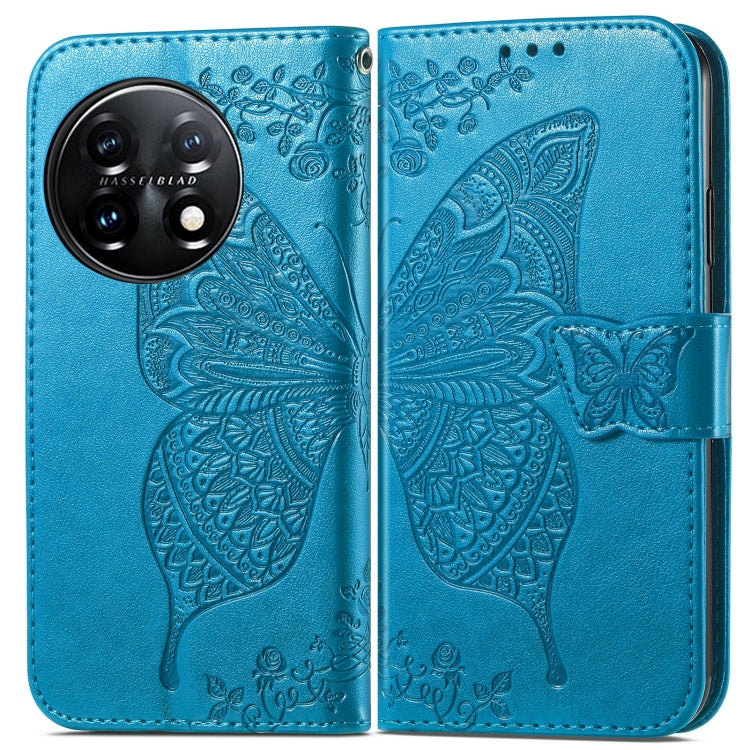 For OnePlus 11 Butterfly Love Flower Embossed Flip Leather Phone Case(Blue) - OnePlus Cases by PMC Jewellery | Online Shopping South Africa | PMC Jewellery