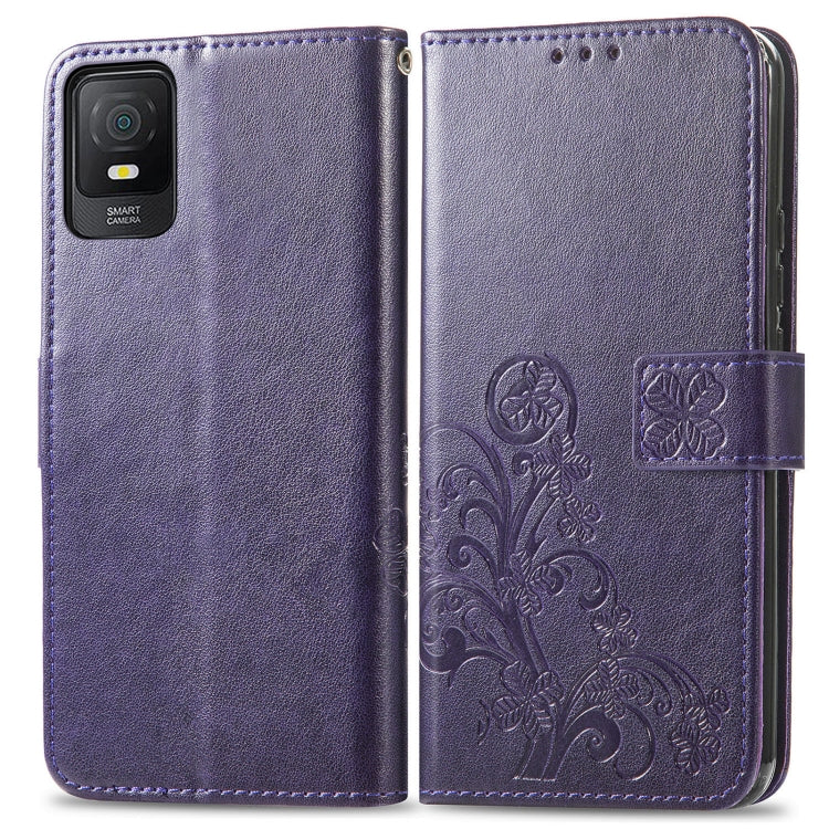 For TCL 403 Four-leaf Clasp Embossed Buckle Leather Phone Case(Purple) - free shipping - PMC TechLife - Order now!