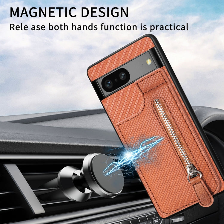 For Google Pixel 7A Carbon Fiber Vertical Flip Zipper Phone Case(Brown) - Google Cases by PMC Jewellery | Online Shopping South Africa | PMC Jewellery