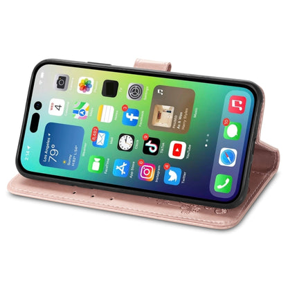 For iPhone 15 Four-leaf Clasp Embossed Buckle Leather Phone Case(Rose Gold) - iPhone 15 Cases by PMC Jewellery | Online Shopping South Africa | PMC Jewellery