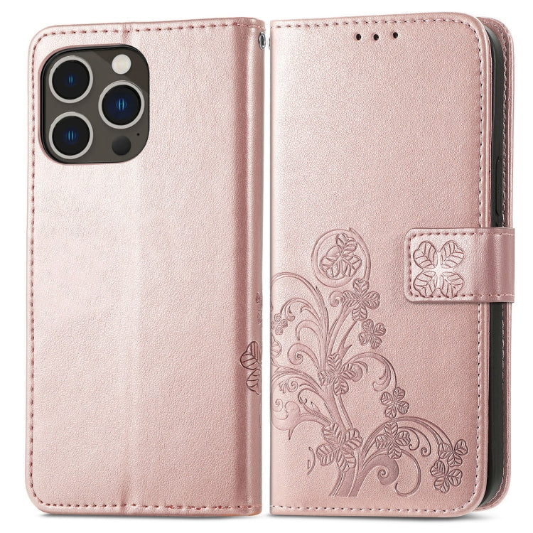 For iPhone 15 Pro Four-leaf Clasp Embossed Buckle Leather Phone Case(Rose Gold) - iPhone 15 Pro Cases by PMC TechLife | Online Shopping South Africa | PMC TechLife