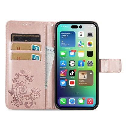 For iPhone 15 Pro Four-leaf Clasp Embossed Buckle Leather Phone Case(Rose Gold) - iPhone 15 Pro Cases by PMC Jewellery | Online Shopping South Africa | PMC Jewellery