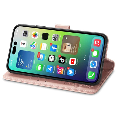 For iPhone 15 Pro Four-leaf Clasp Embossed Buckle Leather Phone Case(Rose Gold) - iPhone 15 Pro Cases by PMC Jewellery | Online Shopping South Africa | PMC Jewellery