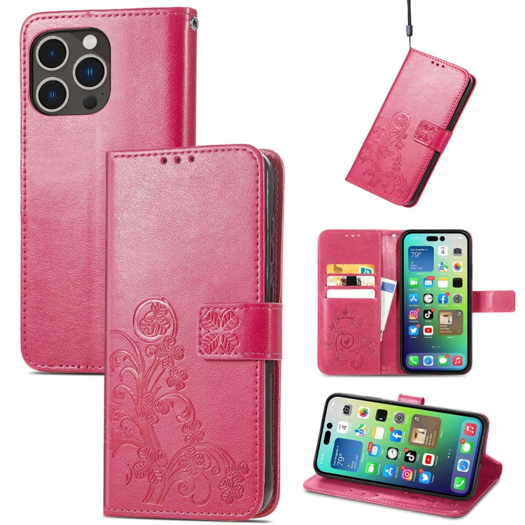 For iPhone 15 Pro Max Four-leaf Clasp Embossed Buckle Leather Phone Case(Magengta) - iPhone 15 Pro Max Cases by PMC Jewellery | Online Shopping South Africa | PMC Jewellery