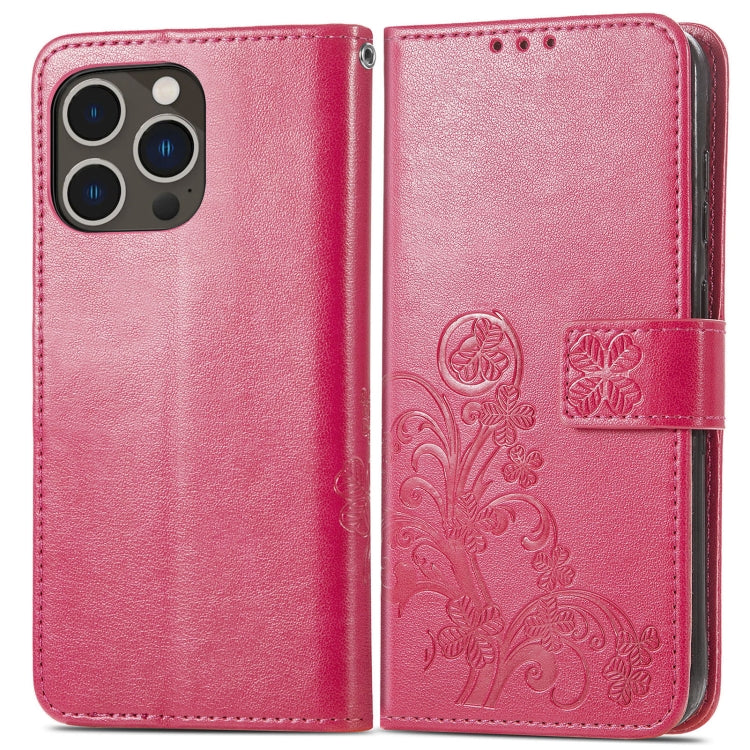 For iPhone 15 Pro Max Four-leaf Clasp Embossed Buckle Leather Phone Case(Magengta) - iPhone 15 Pro Max Cases by PMC TechLife | Online Shopping South Africa | PMC TechLife