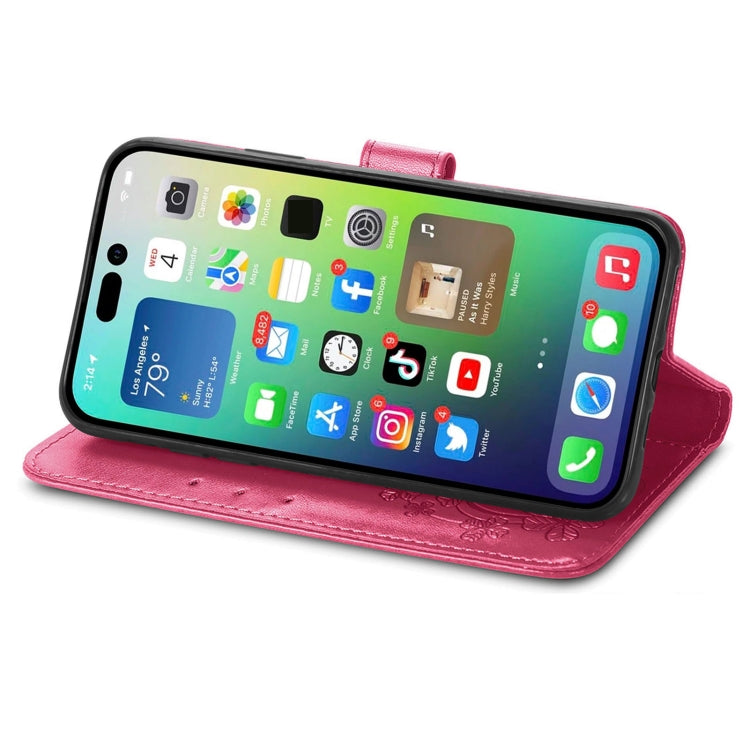For iPhone 15 Pro Max Four-leaf Clasp Embossed Buckle Leather Phone Case(Magengta) - iPhone 15 Pro Max Cases by PMC TechLife | Online Shopping South Africa | PMC TechLife