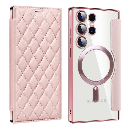 For Samsung Galaxy S24 Ultra 5G Shield Magsafe RFID Anti-theft Rhombus Leather Phone Case(Pink) - Galaxy S24 Ultra 5G Cases by PMC Jewellery | Online Shopping South Africa | PMC Jewellery