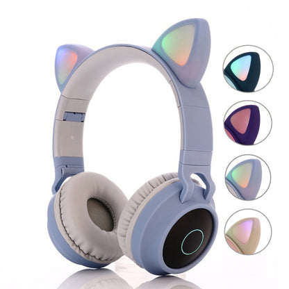 BT028C Cute Cat Ear Bluetooth 5.0 Headphones Foldable On-Ear Stereo Wireless Headset Headphone with Mic / LED Light / FM Radio / TF Card(Gray) - Headset & Headphone by PMC Jewellery | Online Shopping South Africa | PMC Jewellery