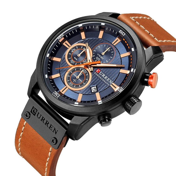 CURREN M8291 Chronograph Watches Casual Leather Watch for Men(Black case blue face) - Leather Strap Watches by CURREN | Online Shopping South Africa | PMC Jewellery | Buy Now Pay Later Mobicred