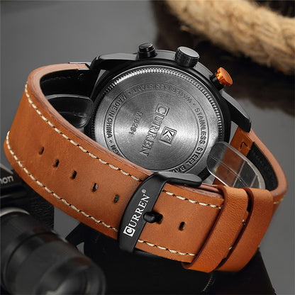 CURREN M8291 Chronograph Watches Casual Leather Watch for Men(Black case blue face) - Leather Strap Watches by CURREN | Online Shopping South Africa | PMC Jewellery | Buy Now Pay Later Mobicred