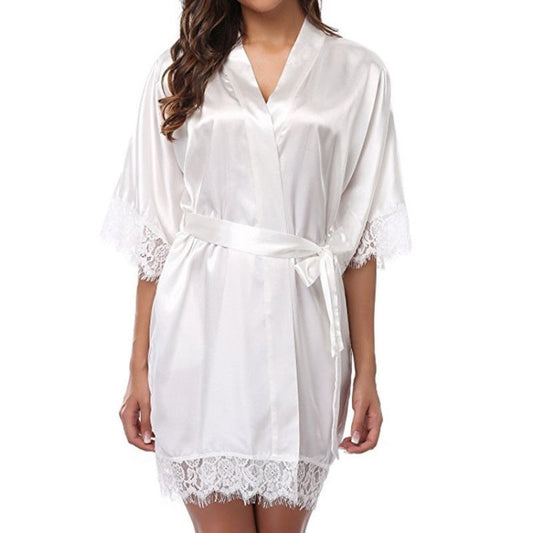 Half Sleeve Robe Women Faux Silk Pajama Sexy Night Dress, Size:L(White) - Pajamas & Bathrobe by PMC Jewellery | Online Shopping South Africa | PMC Jewellery