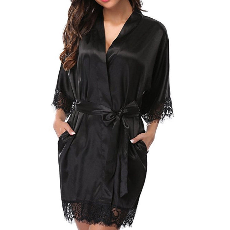 Half Sleeve Robe Women Faux Silk Pajama Sexy Night Dress, Size:XL(Black) - Pajamas & Bathrobe by PMC Jewellery | Online Shopping South Africa | PMC Jewellery