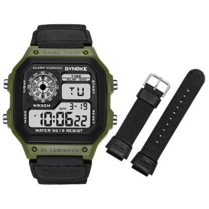 SYNOKE 9619B Nylon Canvas Strap Luminous Waterproof Digital Watch(Green Head Black Belt) - LED Digital Watches by SYNOKE | Online Shopping South Africa | PMC Jewellery | Buy Now Pay Later Mobicred