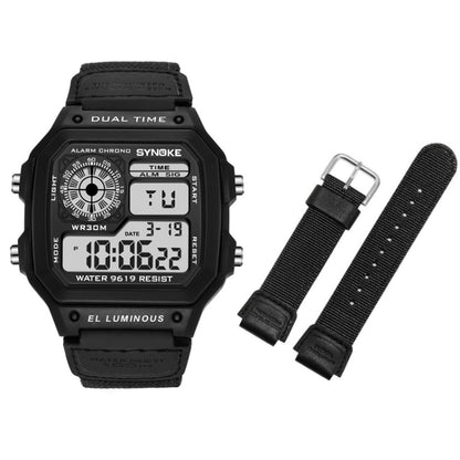 SYNOKE 9619B Nylon Canvas Strap Luminous Waterproof Digital Watch(Black Head Black Belt) - LED Digital Watches by SYNOKE | Online Shopping South Africa | PMC Jewellery | Buy Now Pay Later Mobicred