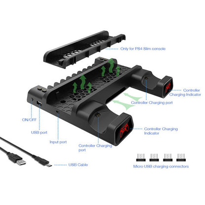 DOBE For PS4 / SLIM / PRO Multi-function Cooling Base Cooling Fan + Disc Rack + Dual Charge with LED Lights - Charger & Power by DOBE | Online Shopping South Africa | PMC Jewellery | Buy Now Pay Later Mobicred