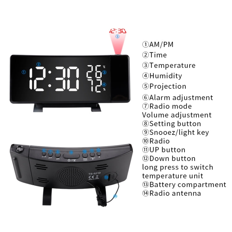 Three-color Projection Radio Alarm Clock USB Digital Alarm Clock Thermometer & Hygrometer - Alarm Clocks by PMC Jewellery | Online Shopping South Africa | PMC Jewellery