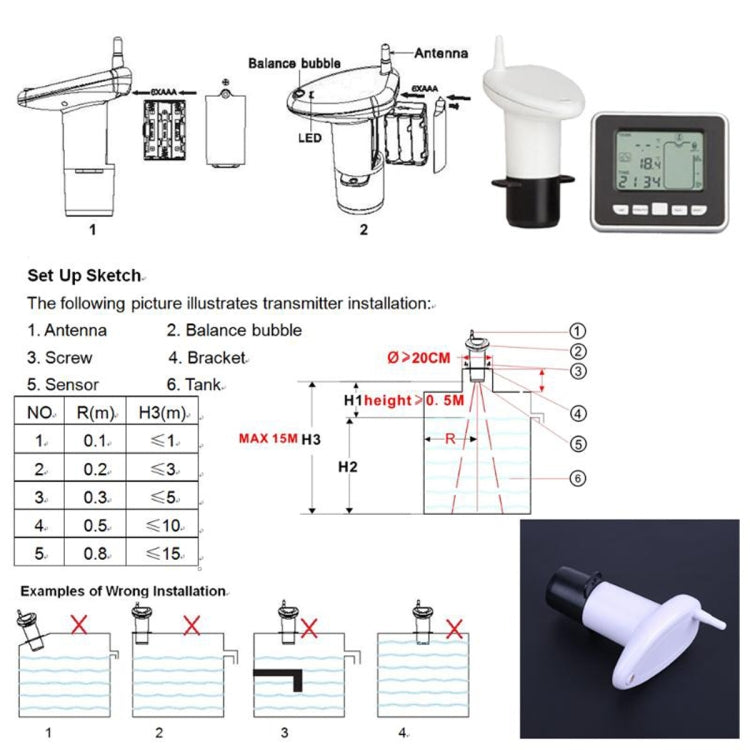 TS-FT002 Multifunctional Ultrasonic Electronic Water Tank Level Gauge With Indoor Temperature Thermometer Clock Display Water Level Gauge - Water Leakage Alarm by PMC Jewellery | Online Shopping South Africa | PMC Jewellery