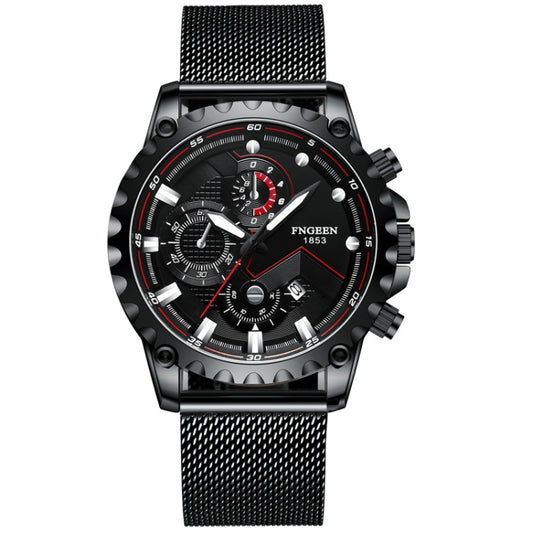 FNGEEN 5757 Men Waterproof Sports Fashion Stainless Steel Watch(Black Net Black Shell Black Surface) - Alloy Watches by FNGEEN | Online Shopping South Africa | PMC Jewellery | Buy Now Pay Later Mobicred