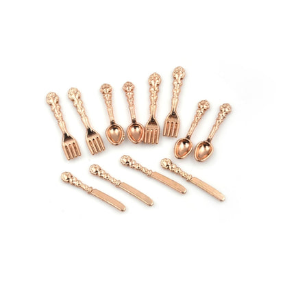 12 PCS / Set Simulation Kitchen Food Furniture Toys Dollhouse Miniature Accessories 1:12 Fork Knife Soup Spoon Tableware(Rose Gold) - Pretend Play Toys by PMC Jewellery | Online Shopping South Africa | PMC Jewellery