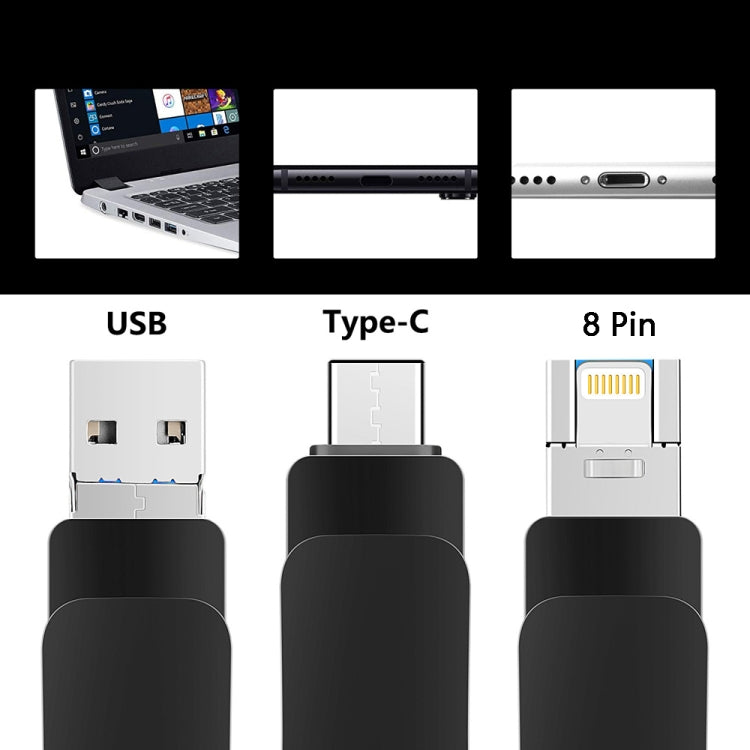 16GB USB 3.0 + 8 Pin + USB-C / Type-C 3 in 1 Mobile Computer Metal U-Disk(Black) - U Disk & Card Reader by PMC TechLife | Online Shopping South Africa | PMC TechLife