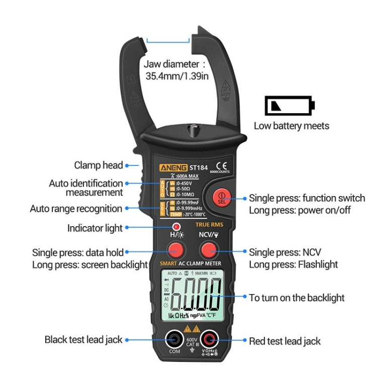 ANENG ST184 Automatically Identify Clamp-On Smart Digital Multimeter(Red) - Digital Multimeter by ANENG | Online Shopping South Africa | PMC Jewellery | Buy Now Pay Later Mobicred