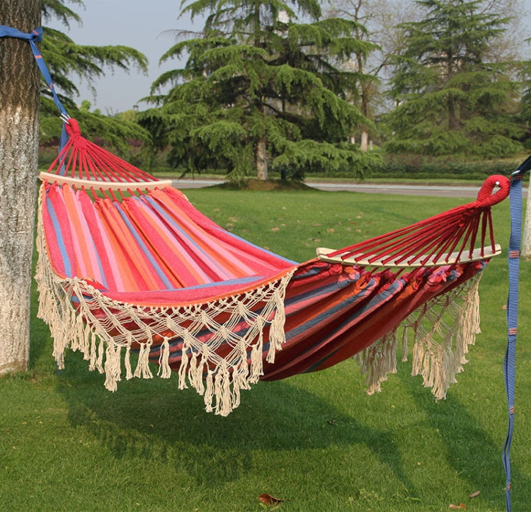 200x150cm Double Outdoor Camping Tassel Canvas Hammock with Stick(Pink Stripes) - Hammocks by PMC Jewellery | Online Shopping South Africa | PMC Jewellery | Buy Now Pay Later Mobicred