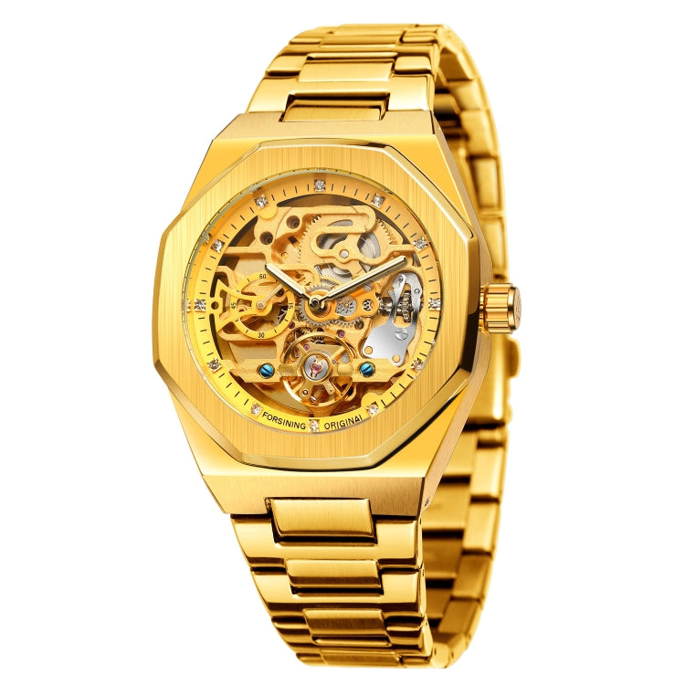 FORSINING F980 Luminous Three Eye Six Shot Weekly Steel Belt Men Fully Automatic Mechanical Watch(Gold Belt Black Face) - Metal Strap Watches by FORSINING | Online Shopping South Africa | PMC Jewellery | Buy Now Pay Later Mobicred